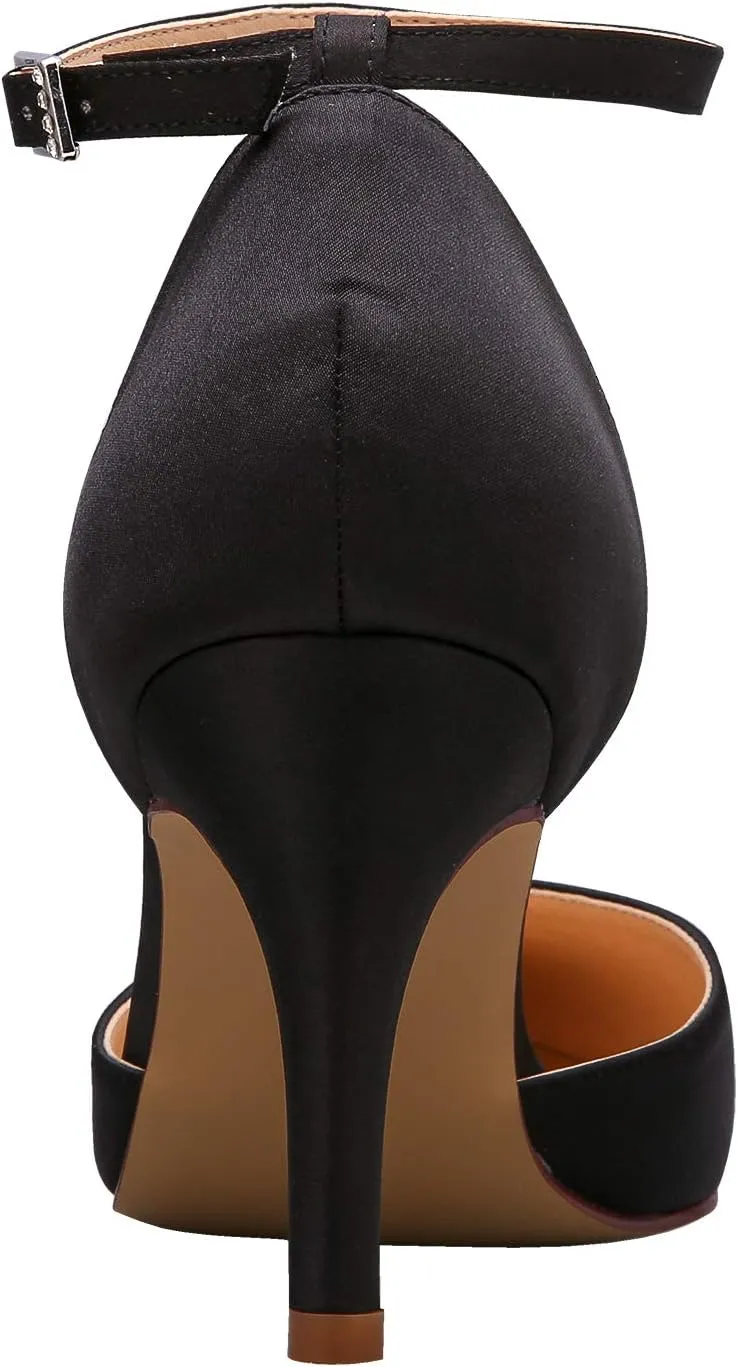 ELEGANTPARK Heels for Women Pointed Toe High Heel Pumps Satin Ankle Strap Wedding Bridal Evening Party Dress Shoes