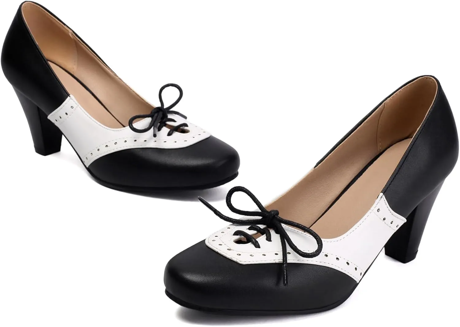 Elerhythm Women's Mary Jane 1920s Pump Heels Two Tones Classic and Retro Lace Up Wingtip 1950s Vintage Round Closed Toe 1940s Shoes