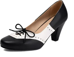 Elerhythm Women's Mary Jane 1920s Pump Heels Two Tones Classic and Retro Lace Up Wingtip 1950s Vintage Round Closed Toe 1940s Shoes
