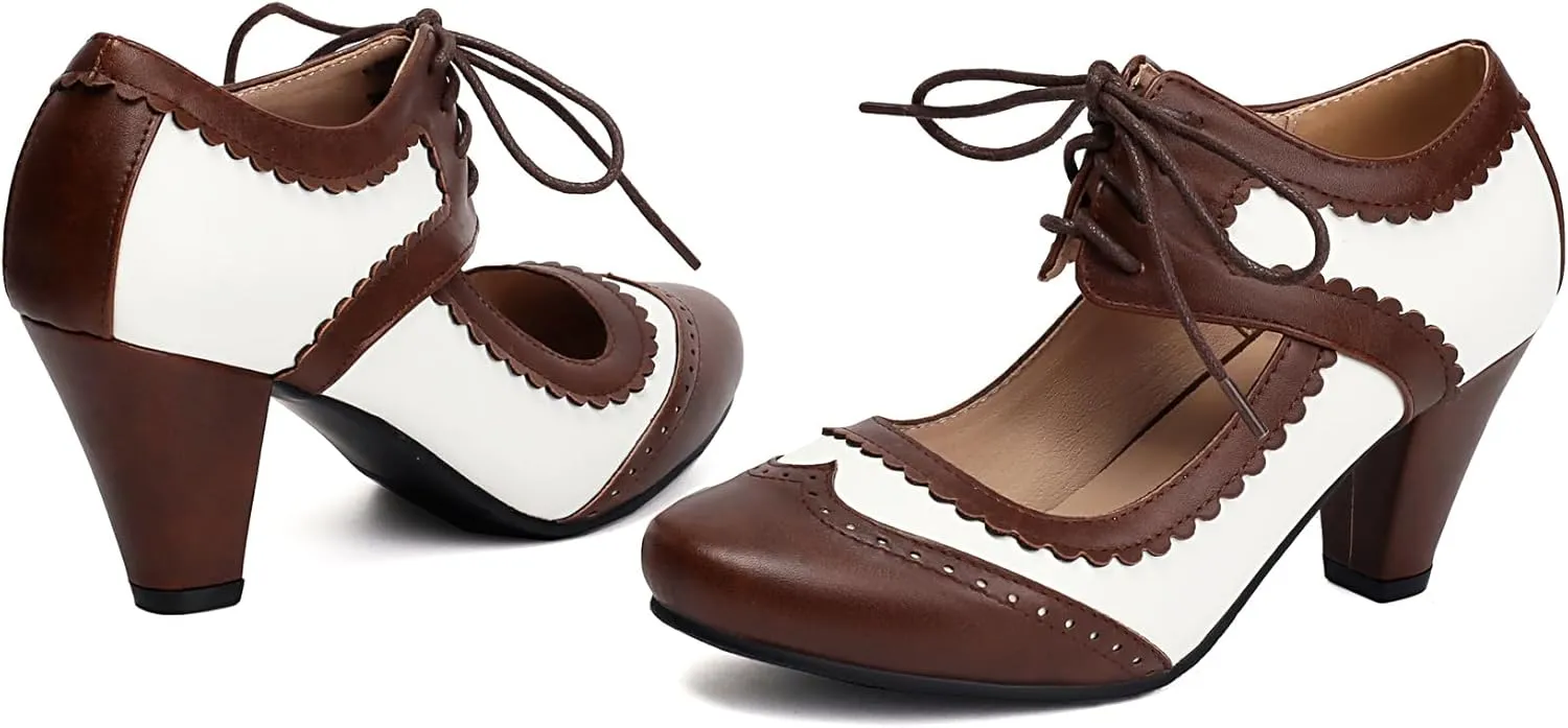 Elerhythm Women's Mary Jane Lace Up Closed Round Toe Vintage Heels Gatsby 1950s Pumps 1920s Victorian 1940s Retro Shoes