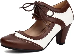Elerhythm Women's Mary Jane Lace Up Closed Round Toe Vintage Heels Gatsby 1950s Pumps 1920s Victorian 1940s Retro Shoes