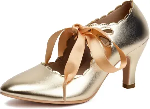 Elerhythm Women's Mary Jane Vintage Lace Up Teardrop Cut Out Close Round Toe 1920s Gatsby Heels Retro 1950s Victorian Pumps Suede Shoes