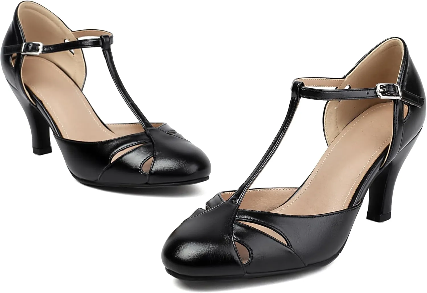 Elerhythm Women's Mary Jane Vintage T Strap Closed Round Toe Heels Retro 1950s Pumps 1920s Victorian Shoes