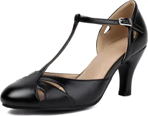 Elerhythm Women's Mary Jane Vintage T Strap Closed Round Toe Heels Retro 1950s Pumps 1920s Victorian Shoes