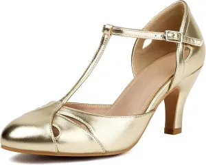 Elerhythm Women's Mary Jane Vintage T Strap Closed Round Toe Heels Retro 1950s Pumps 1920s Victorian Shoes