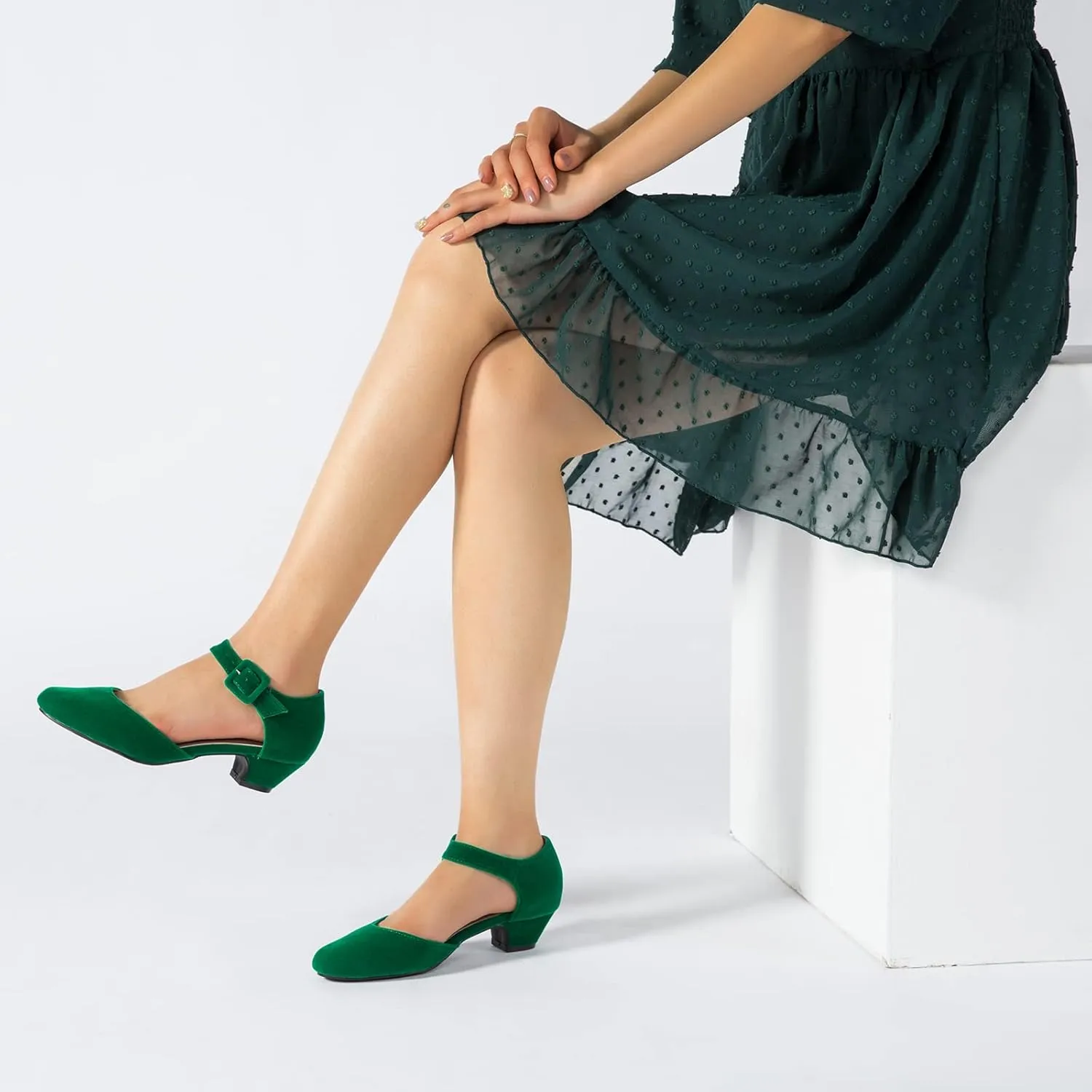 Enelauge Women's Ankle Strap Closed Toe Low Chunky Heel Dress Work Pumps