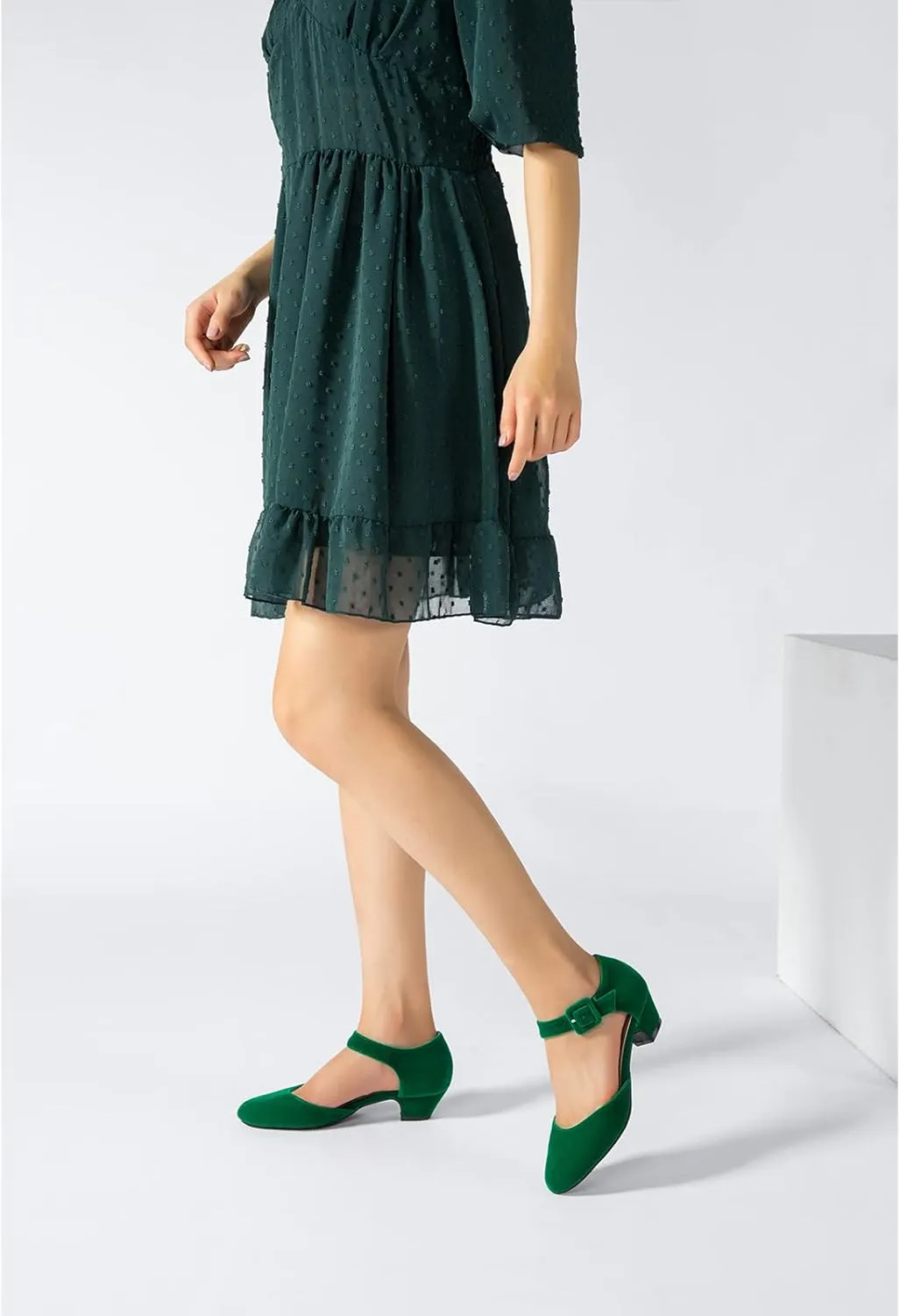 Enelauge Women's Ankle Strap Closed Toe Low Chunky Heel Dress Work Pumps