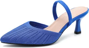 Enelauge Women's Low Kitten Heel Knit Pumps with Elastic Ankle Strap Pointed Closed Toe Slingback Comfortable Dress Wedding Shoes