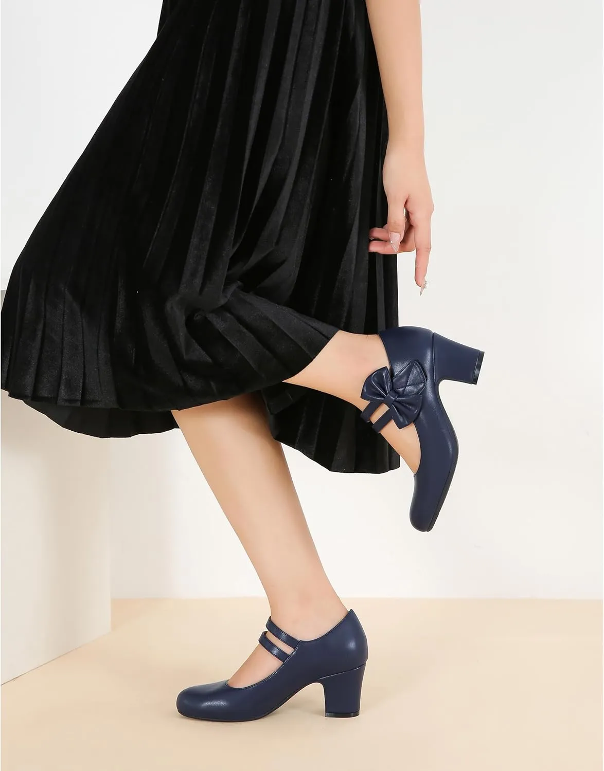 Enelauge Women's Mary Jane Heels with Bow Retro Closed Round Toe Pumps Sweet Ankle Strap Low Block Heels Chic Bowtie Vintage Dress Wedding Party Office Daily Shoes