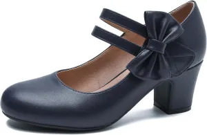 Enelauge Women's Mary Jane Heels with Bow Retro Closed Round Toe Pumps Sweet Ankle Strap Low Block Heels Chic Bowtie Vintage Dress Wedding Party Office Daily Shoes