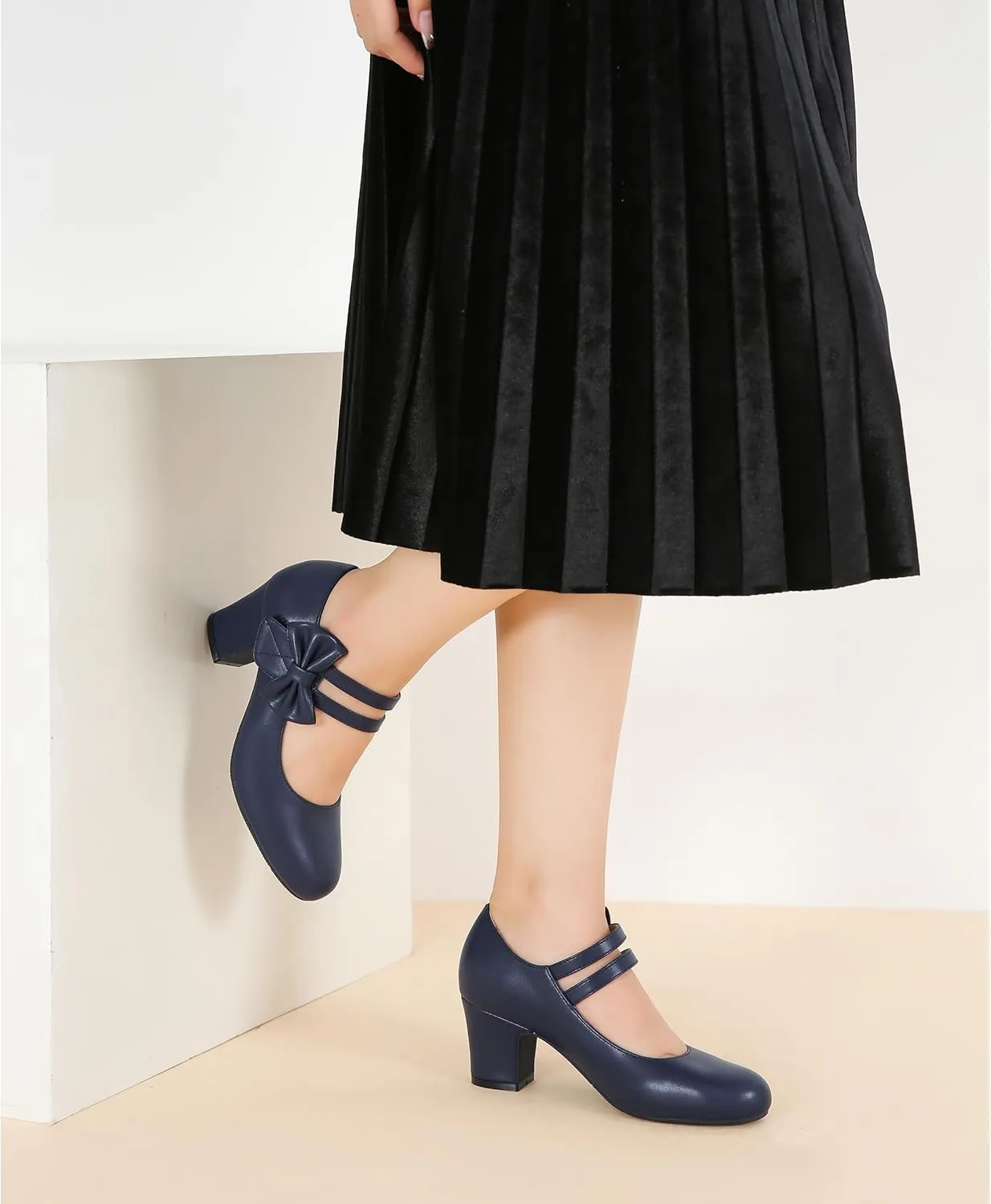 Enelauge Women's Mary Jane Heels with Bow Retro Closed Round Toe Pumps Sweet Ankle Strap Low Block Heels Chic Bowtie Vintage Dress Wedding Party Office Daily Shoes