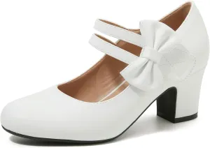Enelauge Women's Mary Jane Heels with Bow Retro Closed Round Toe Pumps Sweet Ankle Strap Low Block Heels Chic Bowtie Vintage Dress Wedding Party Office Daily Shoes