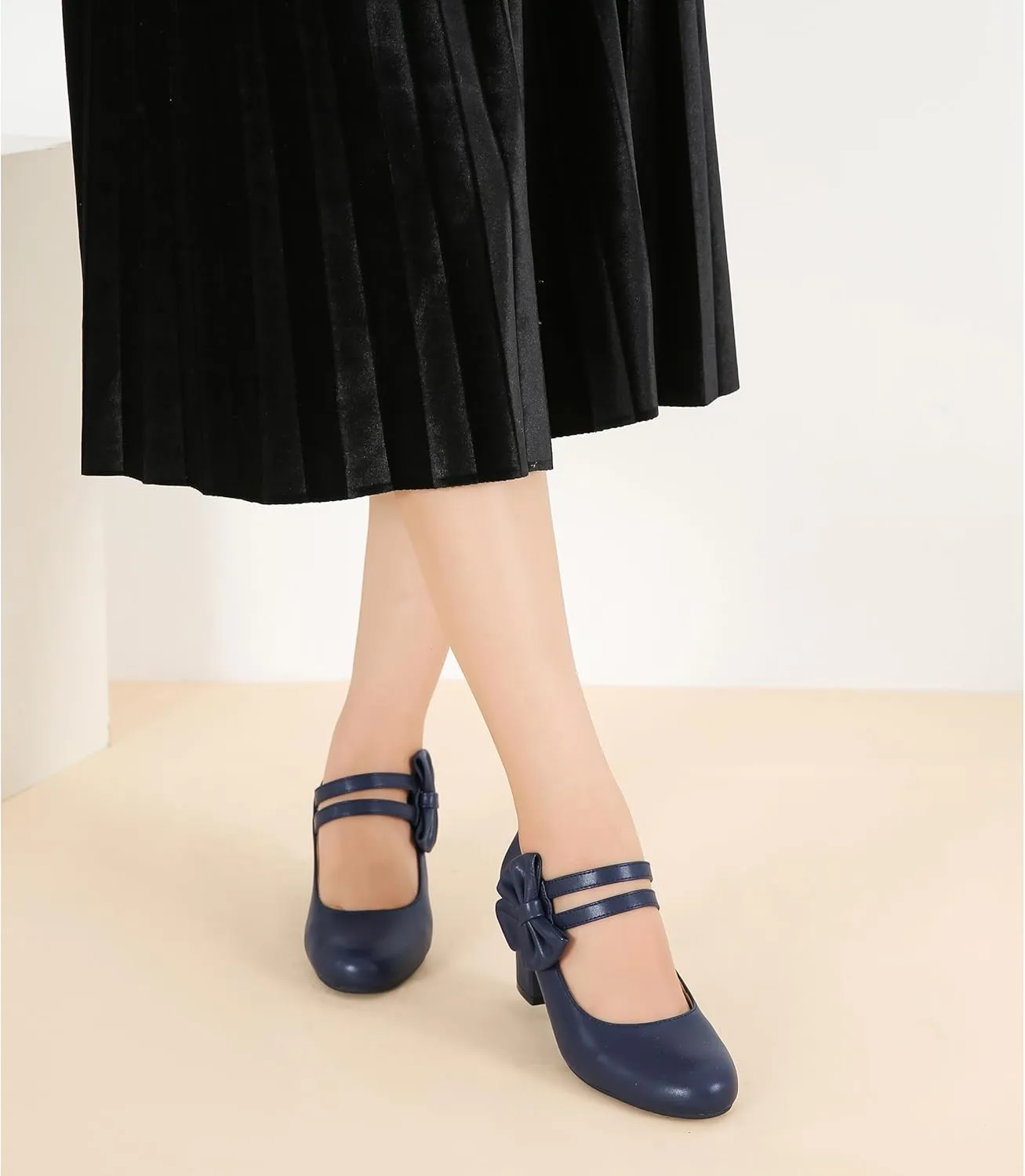 Enelauge Women's Mary Jane Heels with Bow Retro Closed Round Toe Pumps Sweet Ankle Strap Low Block Heels Chic Bowtie Vintage Dress Wedding Party Office Daily Shoes