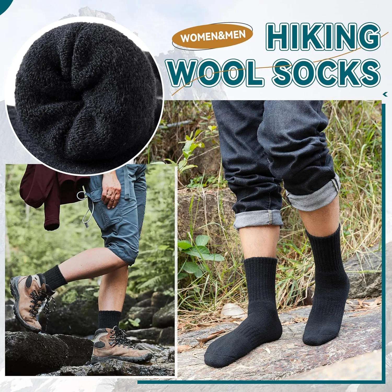 Eocom Merino Wool Hiking Socks for Women & Men Thermal Winter Warm Thick Cushion Crew Work Boot Socks 5 Pairs