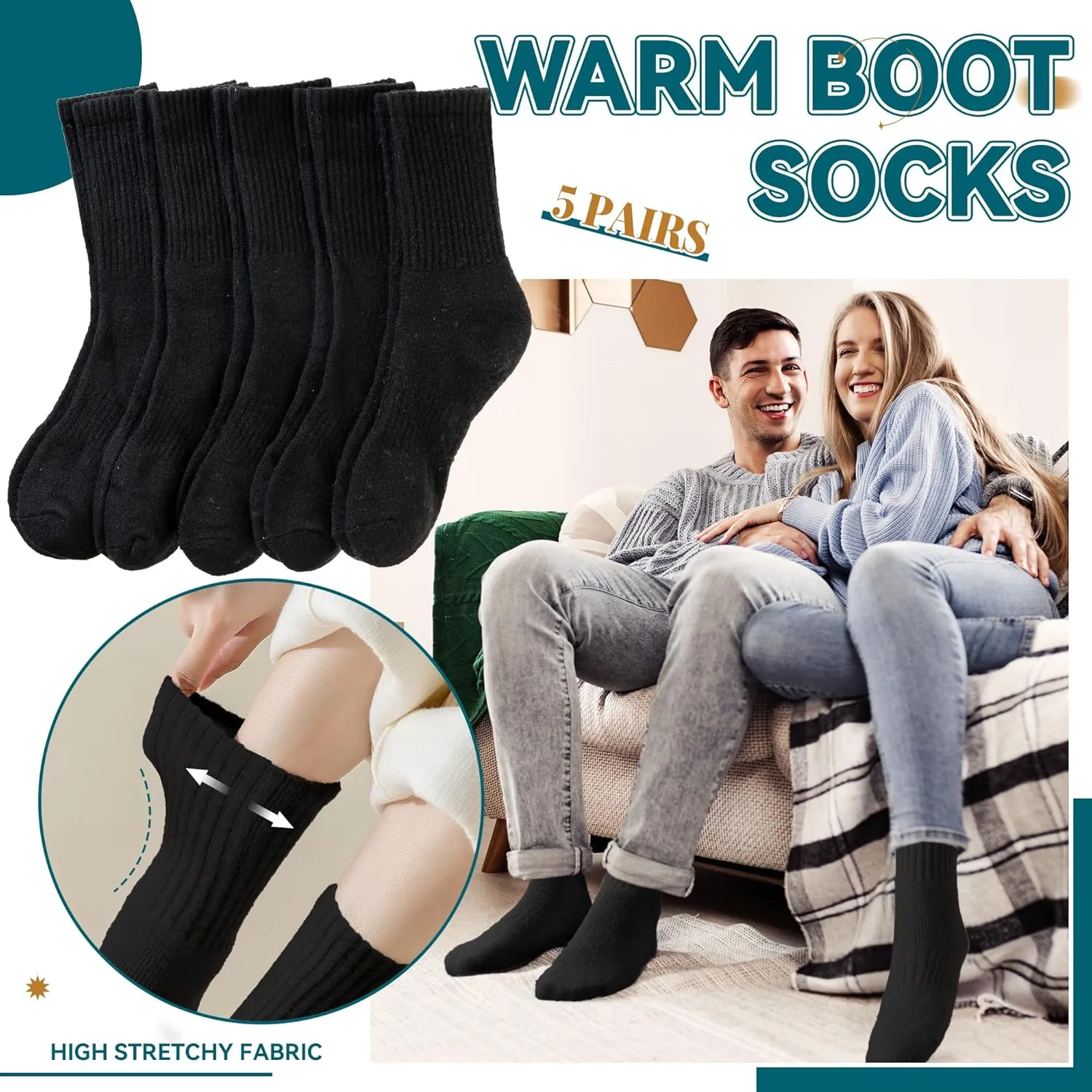 Eocom Merino Wool Hiking Socks for Women & Men Thermal Winter Warm Thick Cushion Crew Work Boot Socks 5 Pairs