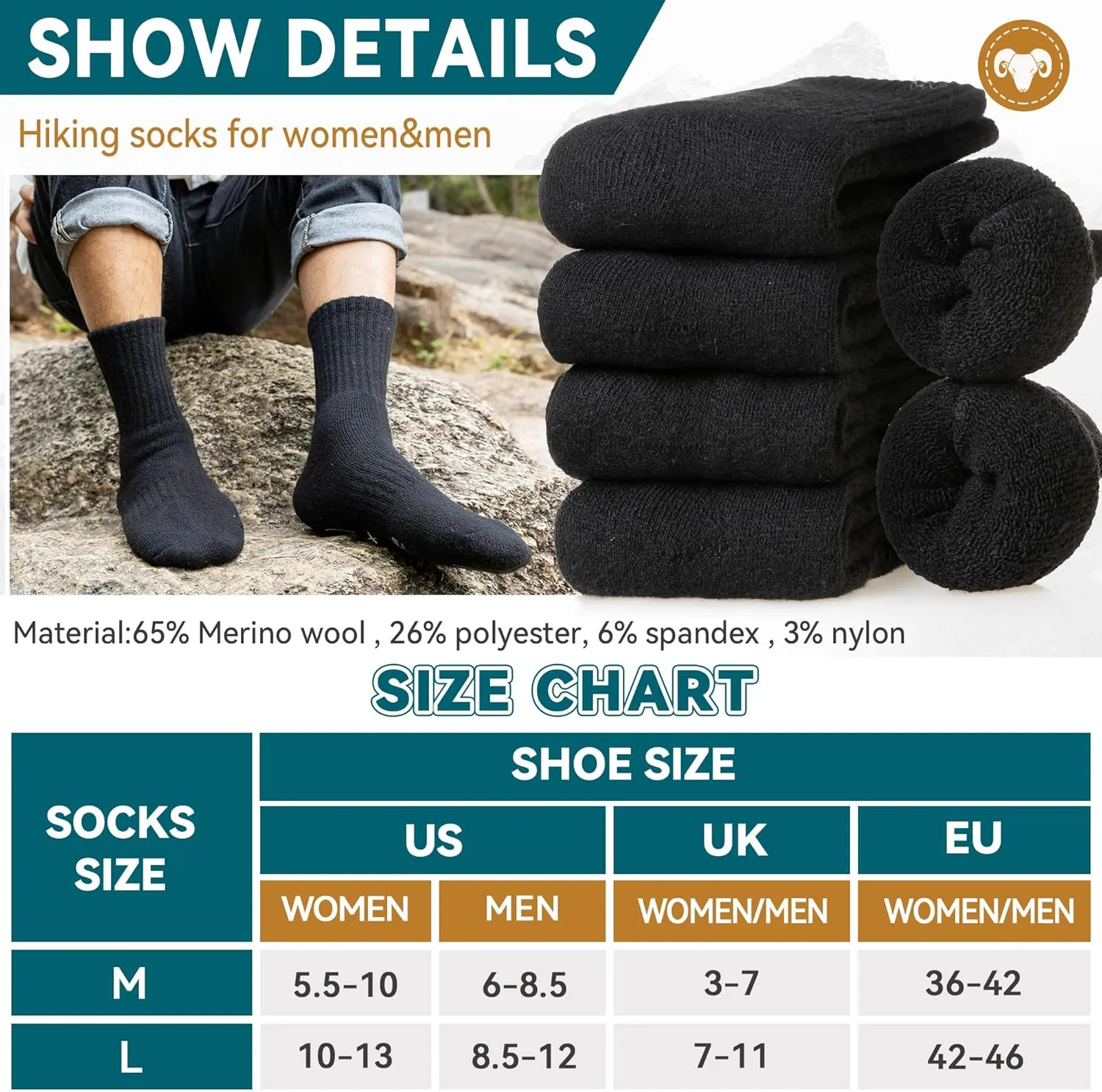 Eocom Merino Wool Hiking Socks for Women & Men Thermal Winter Warm Thick Cushion Crew Work Boot Socks 5 Pairs
