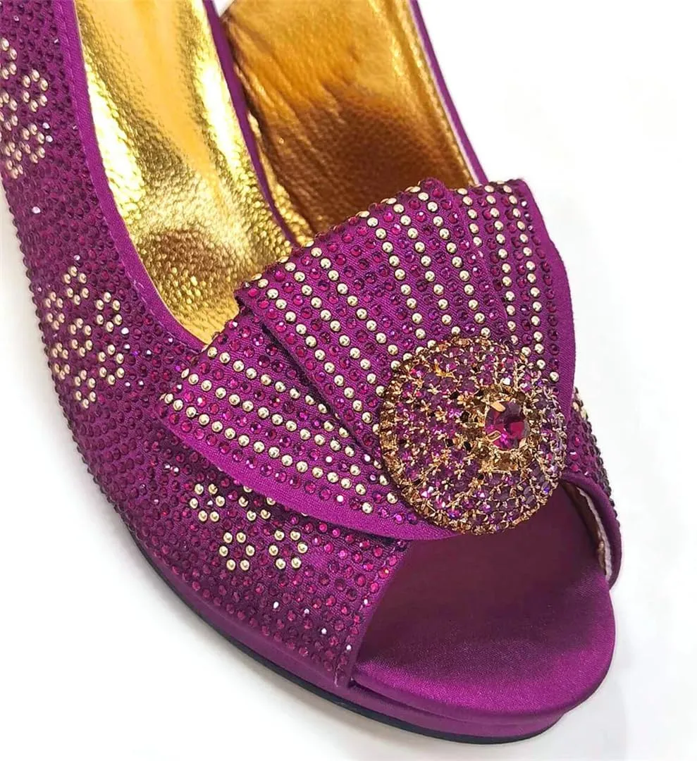 Fjnbbiot Fashion High Heels Sandals Beautiful Pu With Rhinestone Purple Shoes And Bag Set For Wedding Party