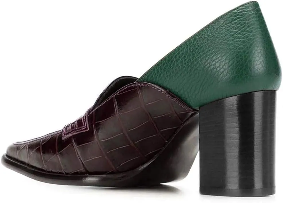 FOWT Ladies Chic Crocodile Loafers High Block Heel Slip On Pumps Woman Patchwork Textured Shoes for Meeting Career and Office Size US 4-16