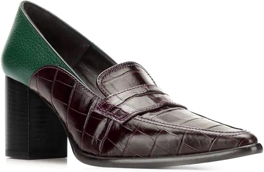 FOWT Ladies Chic Crocodile Loafers High Block Heel Slip On Pumps Woman Patchwork Textured Shoes for Meeting Career and Office Size US 4-16