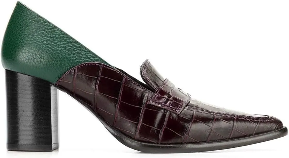 FOWT Ladies Chic Crocodile Loafers High Block Heel Slip On Pumps Woman Patchwork Textured Shoes for Meeting Career and Office Size US 4-16