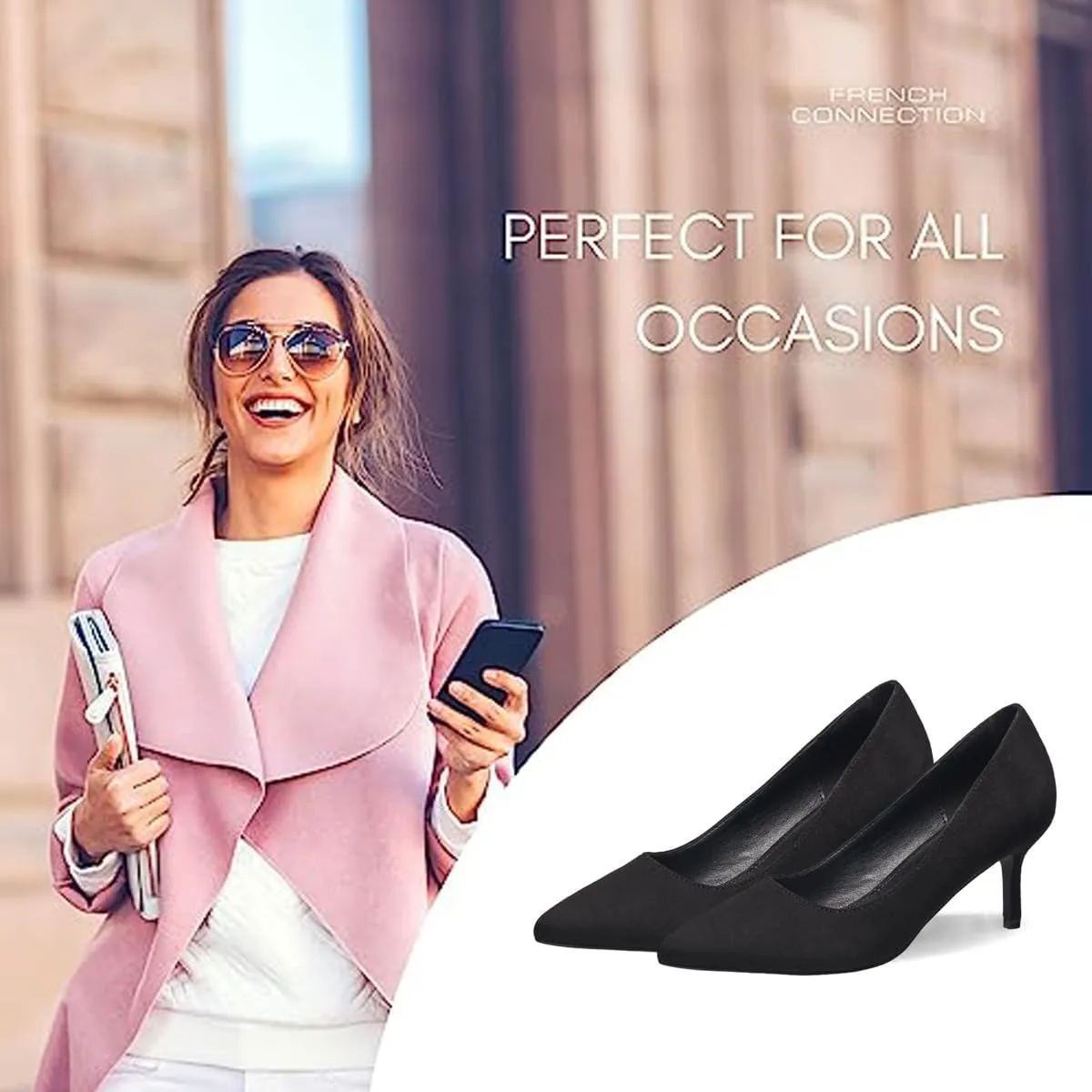 French Connection Kitten Heel Pumps for Women Closed Pointy Toe Slip-On Fashion Work Office Dress Shoes for Women