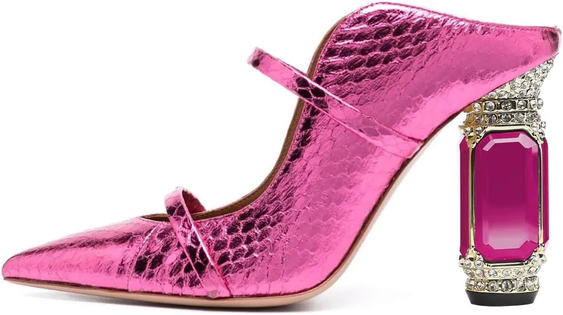 FSJ Women Pointed Toe Mules Chunky High Heels Sandals Pumps Slip On Two Strap Chic Crystal Block Heels Backless Casual Dressy Shoes Size 4-16 US