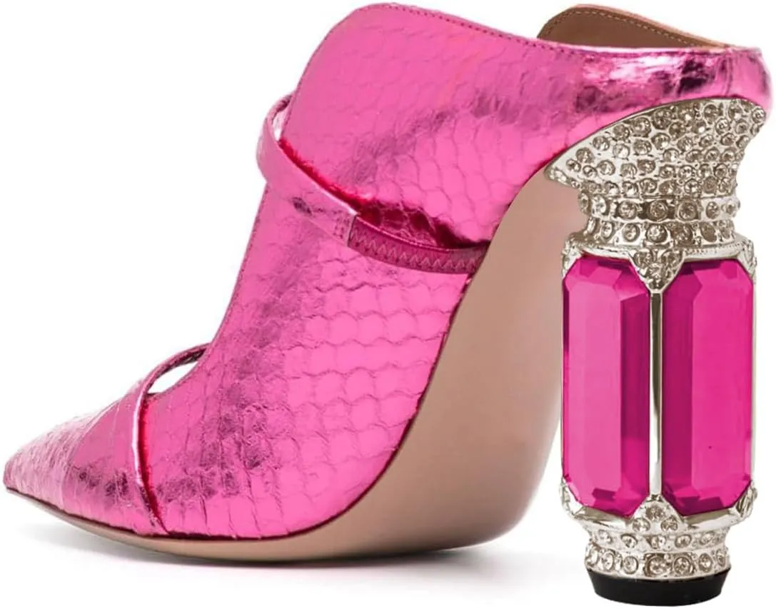 FSJ Women Pointed Toe Mules Chunky High Heels Sandals Pumps Slip On Two Strap Chic Crystal Block Heels Backless Casual Dressy Shoes Size 4-16 US