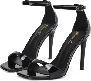 GENSHUO High Heeled Sandals for Women One Strap Heels with Square Open Toe 4 Inch Stiletto Ankle Strap Shoes Elegant Sexy Dress Wedding Party