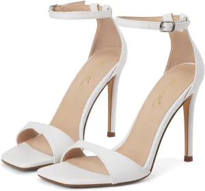 GENSHUO High Heeled Sandals for Women One Strap Heels with Square Open Toe 4 Inch Stiletto Ankle Strap Shoes Elegant Sexy Dress Wedding Party