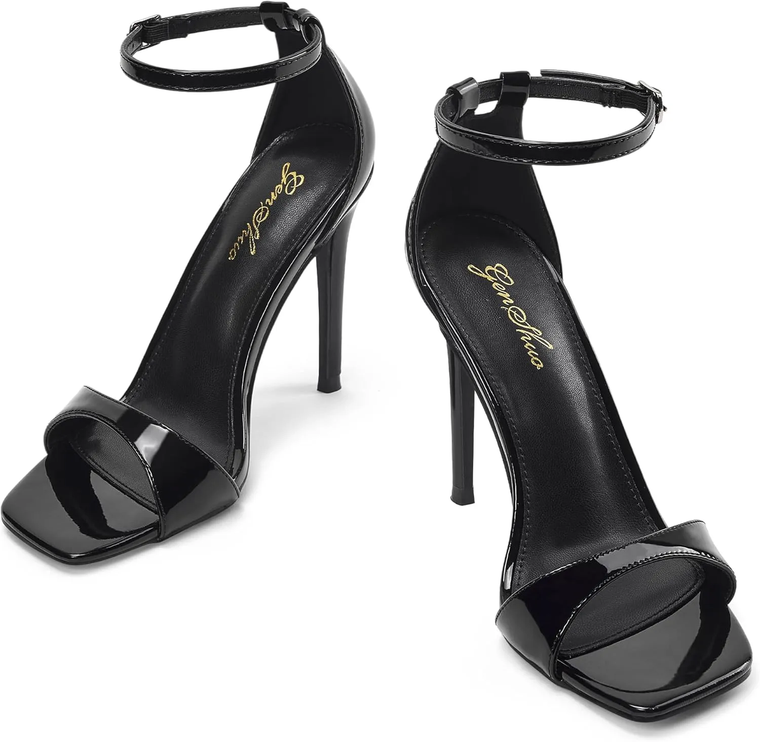 GENSHUO High Heeled Sandals for Women One Strap Heels with Square Open Toe 4 Inch Stiletto Ankle Strap Shoes Elegant Sexy Dress Wedding Party