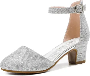 Girls Dress Shoes Closed Toe Chunky High Heels Ankle Strap Wedding Party Pump Shoes