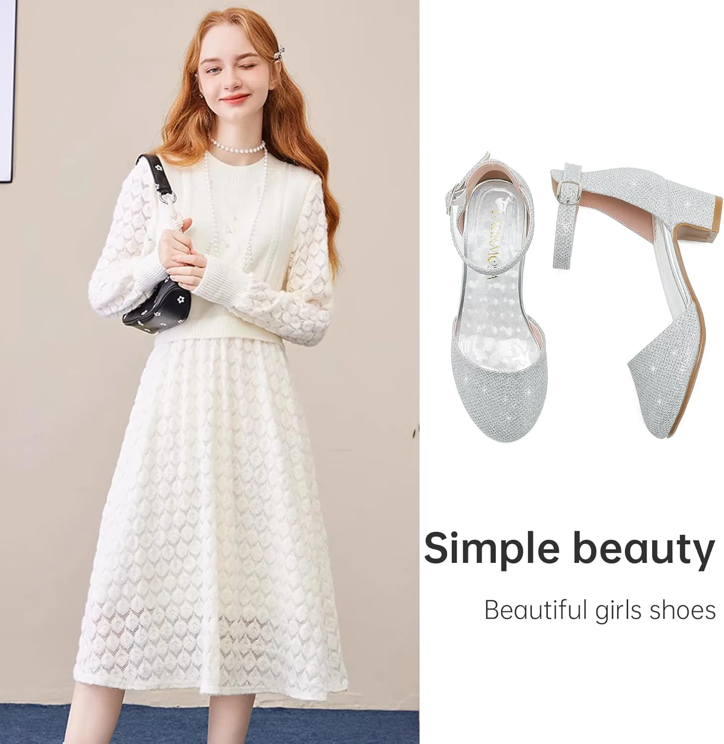 Girls Dress Shoes Closed Toe Chunky High Heels Ankle Strap Wedding Party Pump Shoes