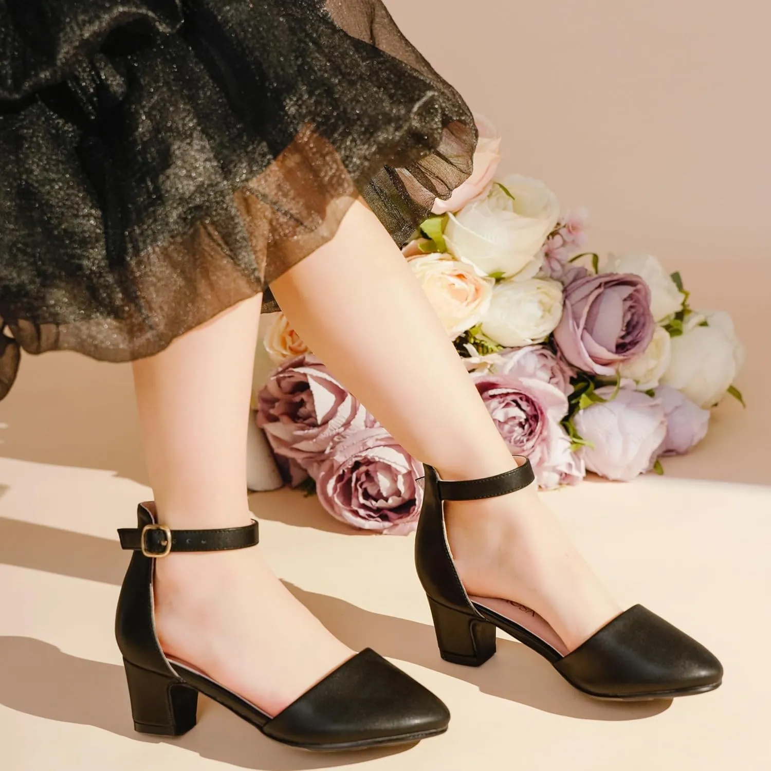 Girls Dress Shoes Closed Toe Chunky High Heels Ankle Strap Wedding Party Pump Shoes