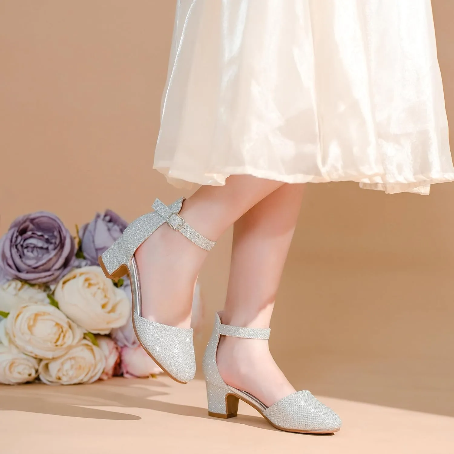 Girls Dress Shoes Closed Toe Chunky High Heels Ankle Strap Wedding Party Pump Shoes