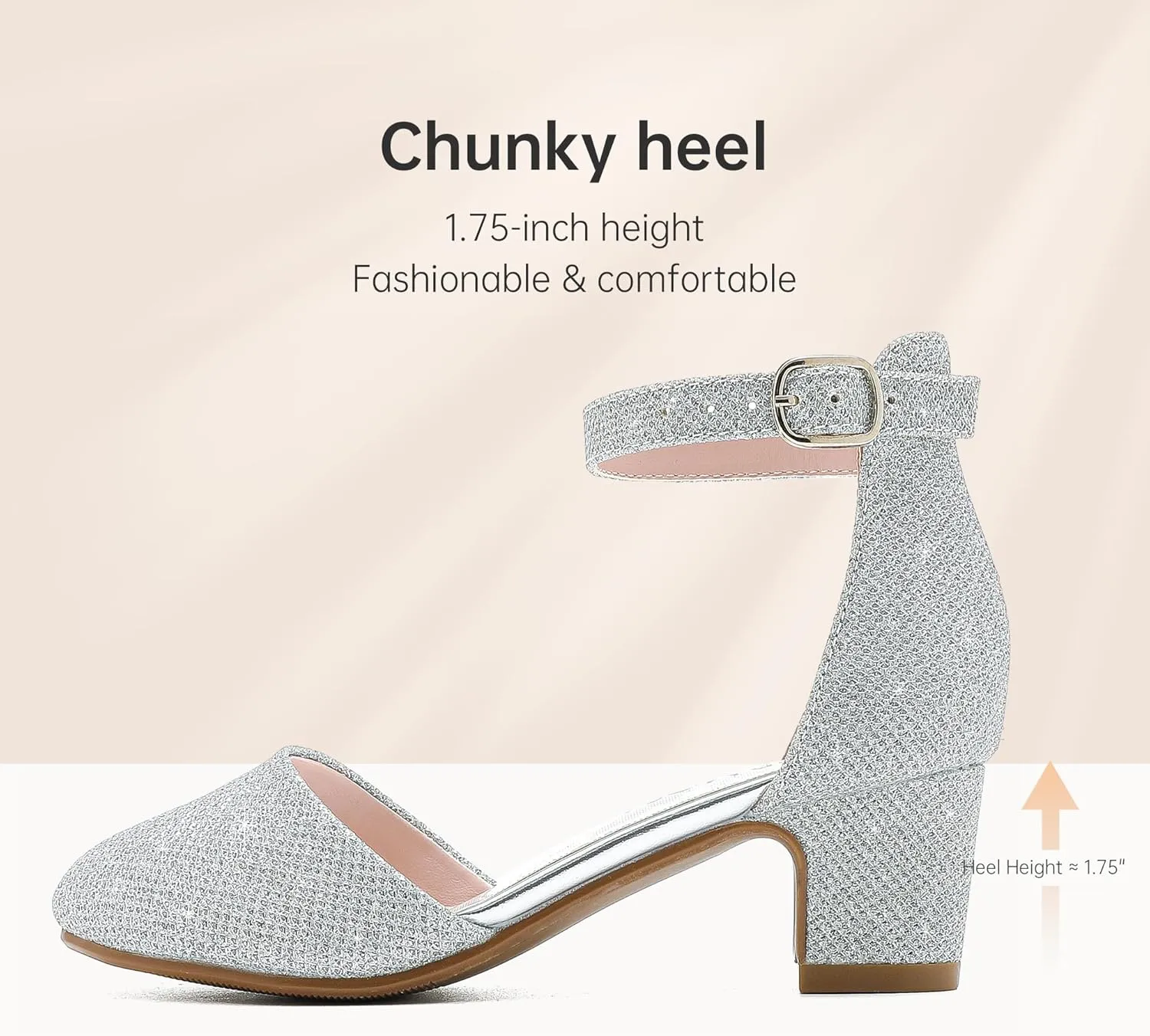 Girls Dress Shoes Closed Toe Chunky High Heels Ankle Strap Wedding Party Pump Shoes