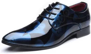 HOOENG Dress Formal Shoes for Men Lace Up Floral Shiny Derby Shoes PU Leather Anti-Slip Slip Resistant Low Top Party (Color : Blue, Size : 8.5)
