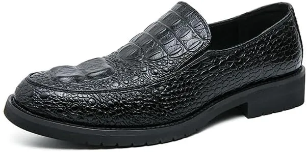 HOOENG Dress Oxford for Men Slip On Round Burnished Toe Crocodile Print Apron Toe Low Top Block Heel Slip Resistant Rubber Sole Non Slip Casual(Black,6.5)