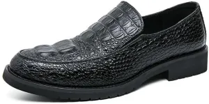 HOOENG Dress Oxford for Men Slip On Round Burnished Toe Crocodile Print Apron Toe Low Top Block Heel Slip Resistant Rubber Sole Non Slip Casual(Black,6.5)