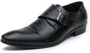 HOOENG Formal Shoes for Men Slip On Pointed Burnished Toe Faux Leather Crocodile Print Monk Strap Block Heel Slip Resistant Anti-Slip Outdoor(Color:Black,Size:7)