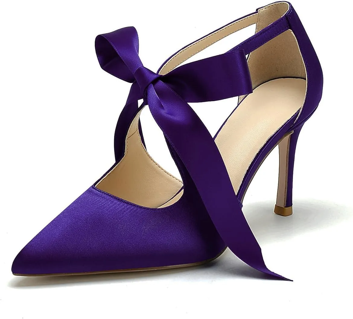 Hyinlays Women's High Heels Satin Pointed Toe Pumps Mary Jane Heels Evening Wedding Party Dress Pump Shoes