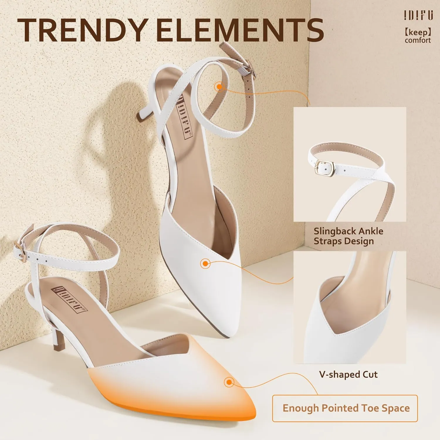 IDIFU IN2 Women's Pumps Closed Toe Kitten Heels Slingback Low Pointed Toe Short Ankle Strap Heels Wedding Bride Prom Bridal Work Dress Shoes for Women Comfortable Cute Trendy Pumps Shoes
