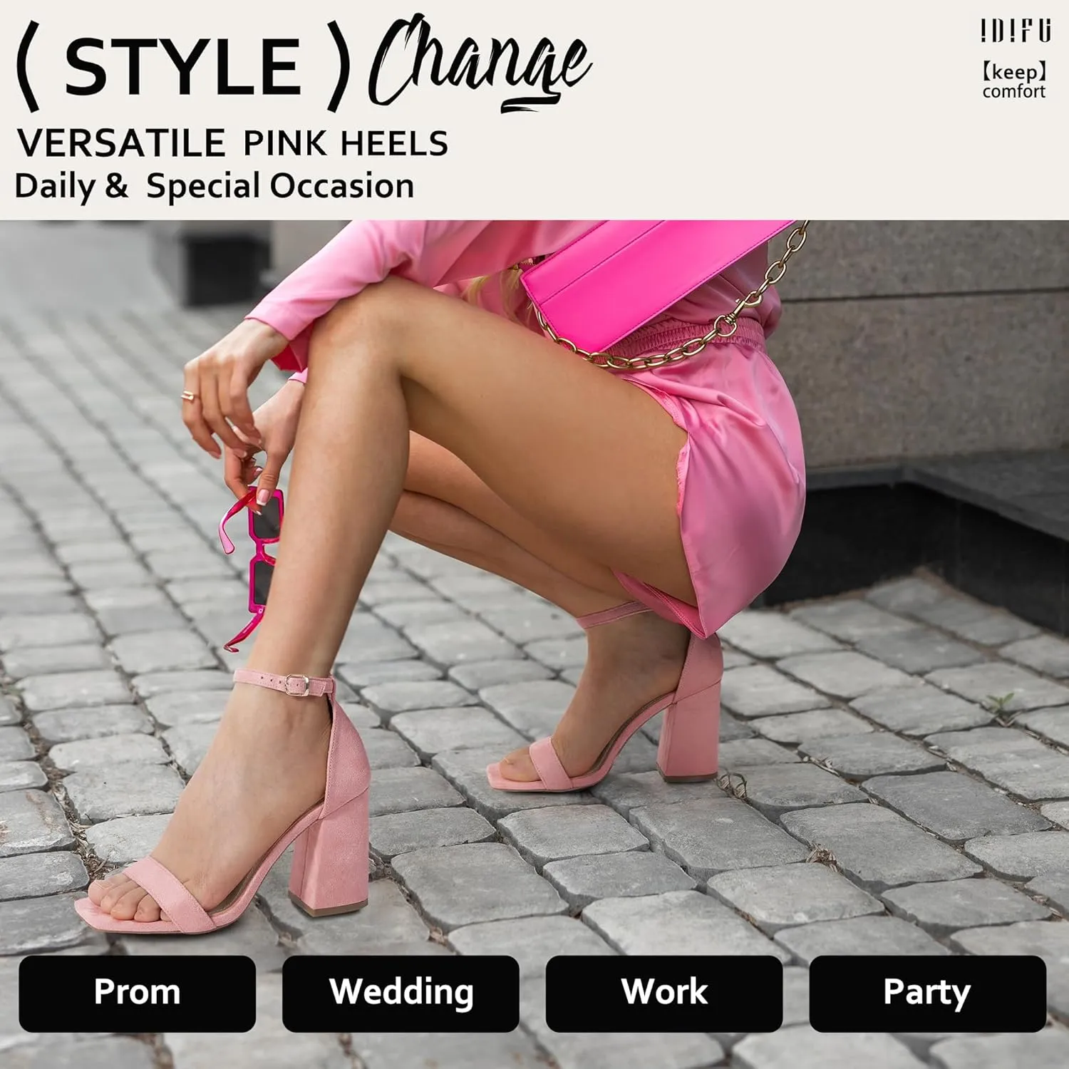 IDIFU IN4 High Chunky Block Heels Square Open Toe Ankle Strap Heeled Sandals Wedding Bridal Prom Dance Summer Dressy Comfortable Sexy Trendy Bride Bridesmaid Dress Shoes Cute Thick Women Heels
