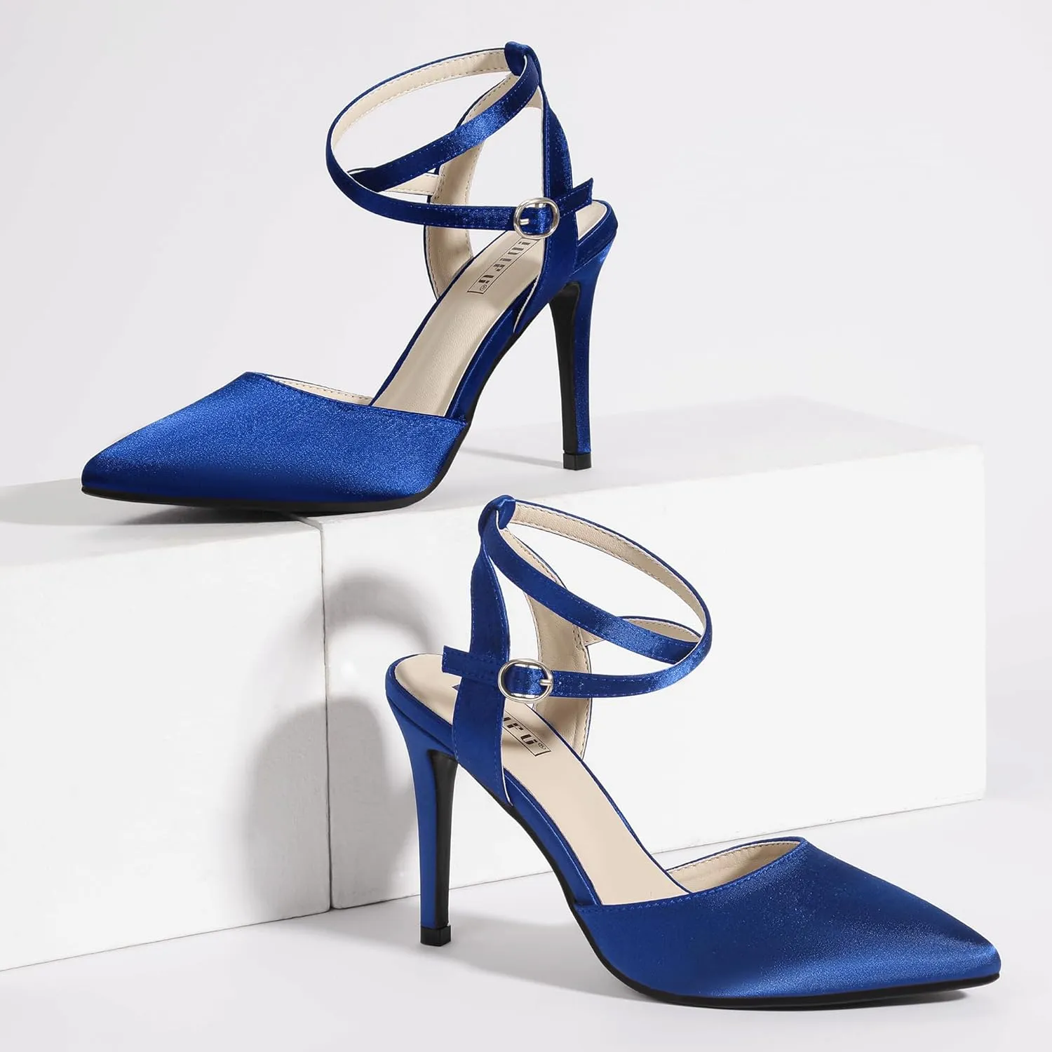 IDIFU IN4 High Heels Women's Pumps Strappy Stiletto Slingback Closed Pointed Toe Ankle Strap Satin Dress Shoes for Women Dressy Comfortable Wedding Bridal Office Formal Pumps Shoes