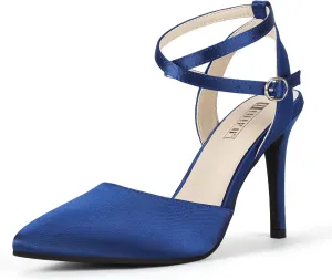IDIFU IN4 High Heels Women's Pumps Strappy Stiletto Slingback Closed Pointed Toe Ankle Strap Satin Dress Shoes for Women Dressy Comfortable Wedding Bridal Office Formal Pumps Shoes