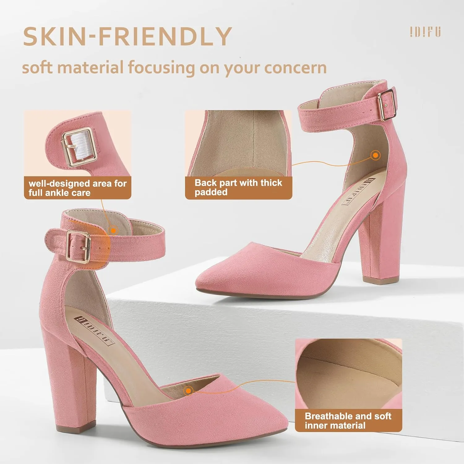 IDIFU Women's IN4 Pedazo High Block Heels Pumps Pointed Closed Toe Ankle Strap Dress Wedding Shoes