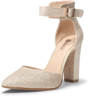 IDIFU Women's IN4 Pedazo High Block Heels Pumps Pointed Closed Toe Ankle Strap Dress Wedding Shoes