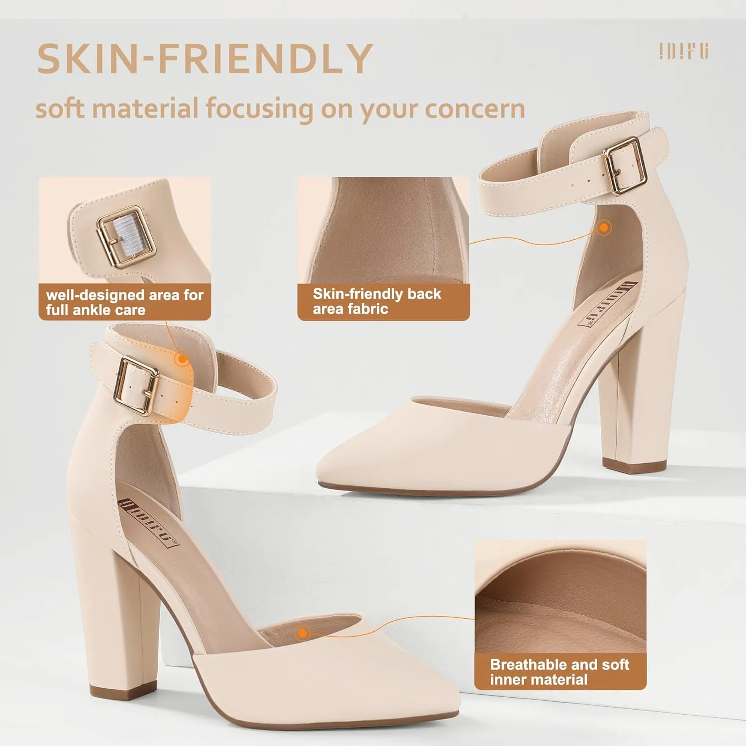 IDIFU Women's IN4 Pedazo High Block Heels Pumps Pointed Closed Toe Ankle Strap Dress Wedding Shoes