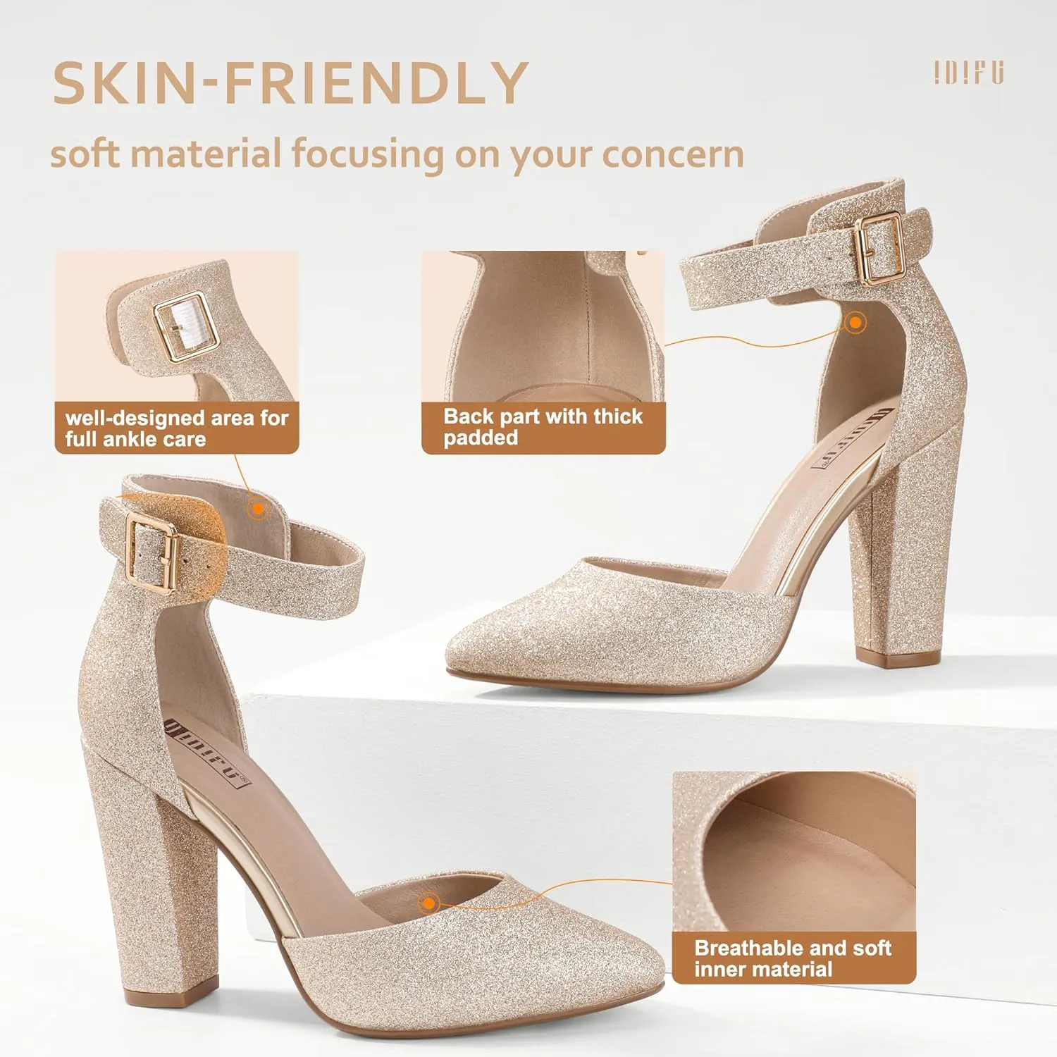 IDIFU Women's IN4 Pedazo High Block Heels Pumps Pointed Closed Toe Ankle Strap Dress Wedding Shoes