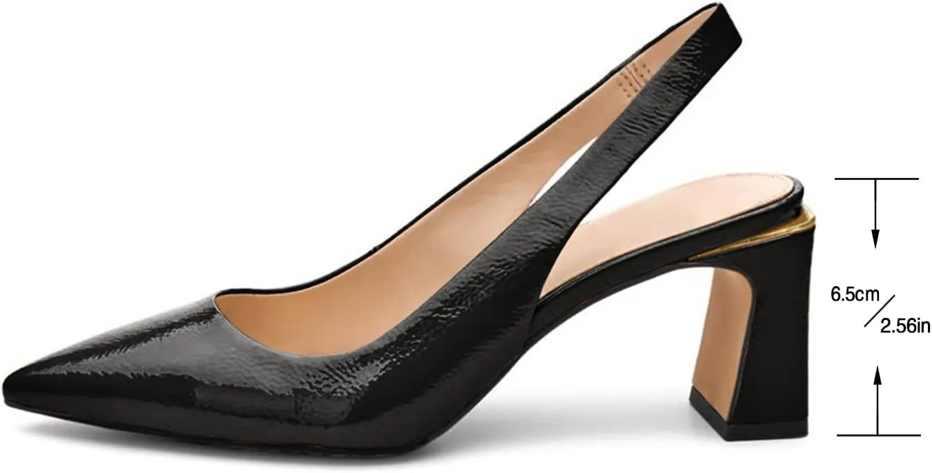 Jeimpoey Womens Slingback Chunky Heels Point-toe Pump Shoes Block Heel Summer Sandals Low-heel Party Shoes