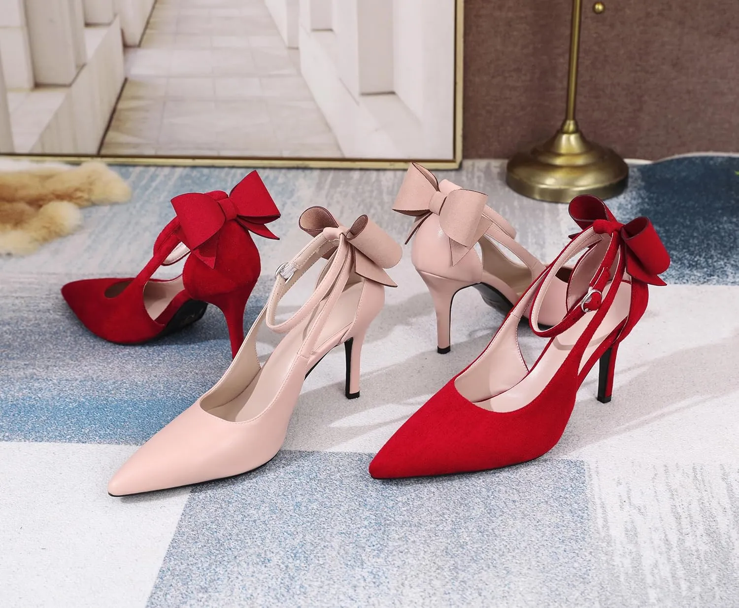 Joseywade Bow Heels Stiletto High Heels Bowtie Bowknot Heels D'Orsay Cutout Pumps Pointed Toe Women Ankle Strap Dress Shoes 3.5 Inch